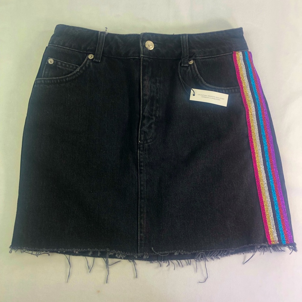 TopShop A-Line Denim Skirt Glitter Black 4 Mid-Rise Metallic Pockets Rainbow